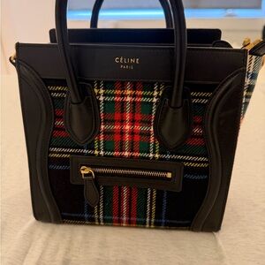 Celine Black Leather & Red Tartan nano Luggage Tote
